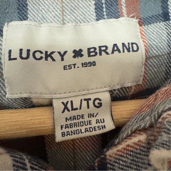 Lucky Brand Pearl Snap Flannel Shirt Plaid Blue Cream Mens Size XL - Picture 7 of 9